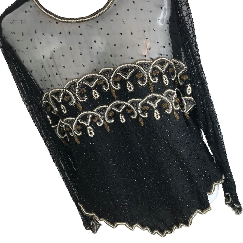 Vintage Laurence Kazar Long Sleeved Beaded Sequin Top Black Statement XL Decco